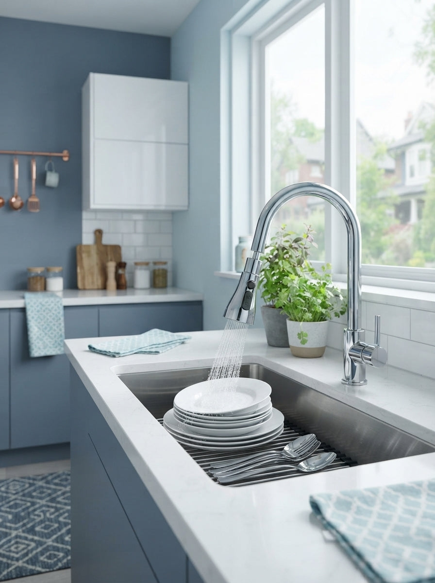 A modern kitchen faucet sprayer rinsing dishes in a clean, bright, and organized kitchen with blue and white accents.